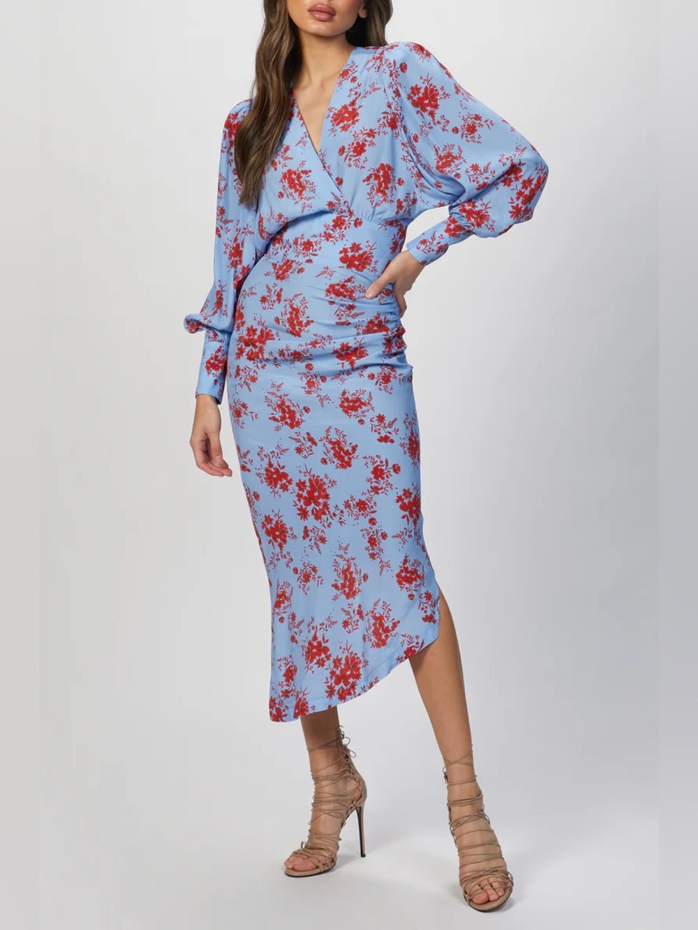 Smythe Light Blue Maxi Dress with Red Floral Print. Dry cleaned no further drop.